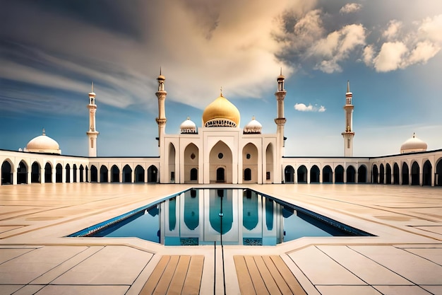 Une mosquée avec un bassin d'eau et un ciel bleu.