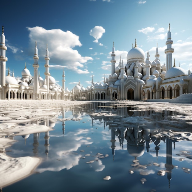 mosquée blanche de luxe avec étang d'effet moderne