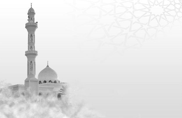 Photo une mosquée blanche et noire avec un dôme blanc et une horloge sur le fond supérieur des médias sociaux du ramadan