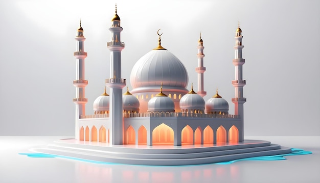 La mosquée blanche réaliste à la lueur de néon avec un éclairage de bord vibrant pour l'Eid Mubarak