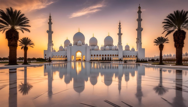 Photo une mosquée blanche avec un reflet d'un coucher de soleil dans l'eau