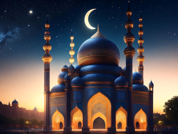 Une mosquée bleue avec un croissant de lune et des étoiles