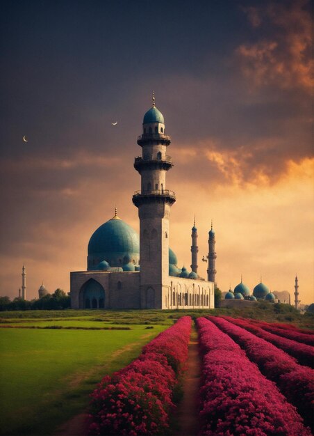 une mosquée bleue avec un dôme bleu et un oiseau volant dans le ciel