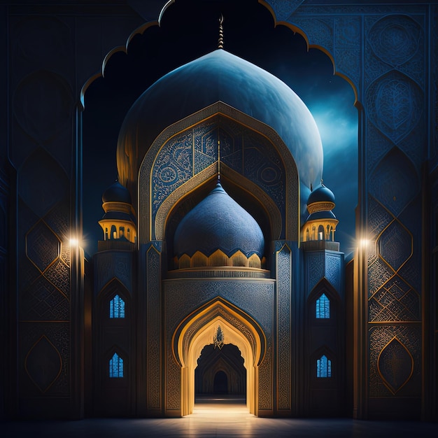 Une mosquée bleue avec un dôme et des lumières sur le mur
