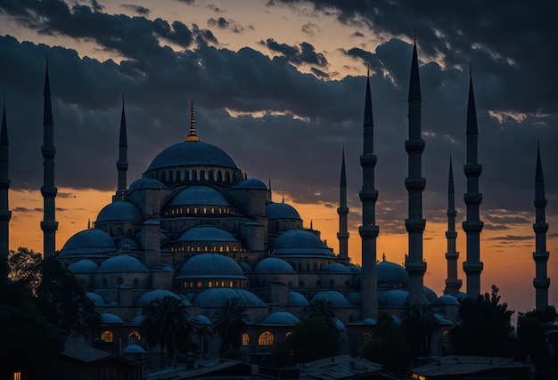 Une mosquée bleue à istanbul au coucher du soleil