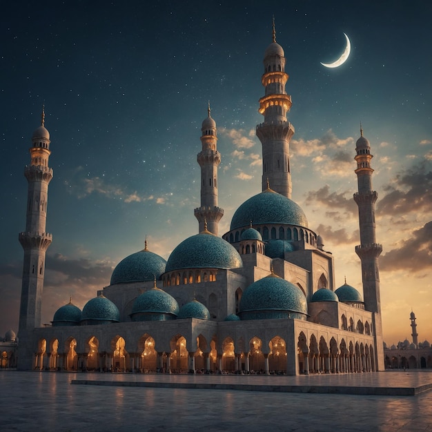 une mosquée bleue avec une lune en arrière-plan