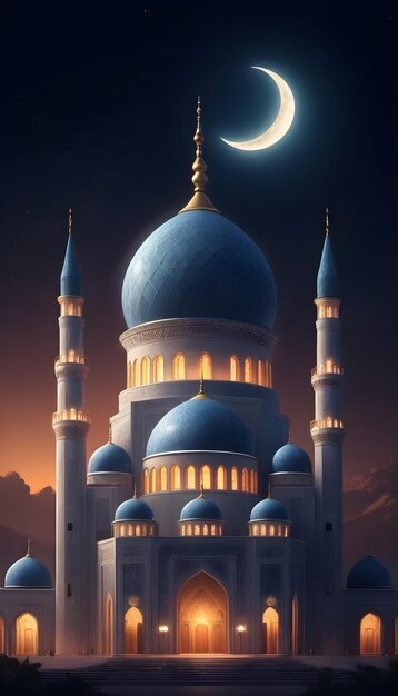 une mosquée bleue avec une lune en arrière-plan