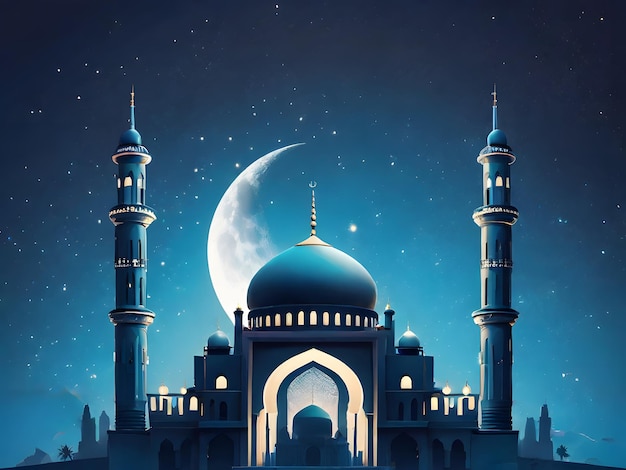 une mosquée bleue avec une lune et des étoiles en arrière-plan