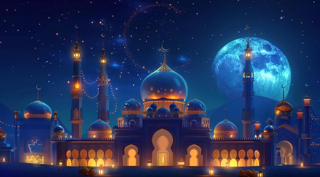 une mosquée bleue avec une lune et des étoiles en arrière-plan