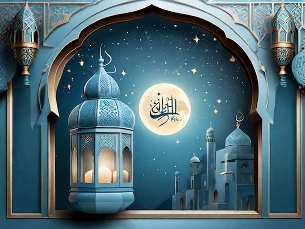 une mosquée bleue avec une lune et une mosquée au sommet