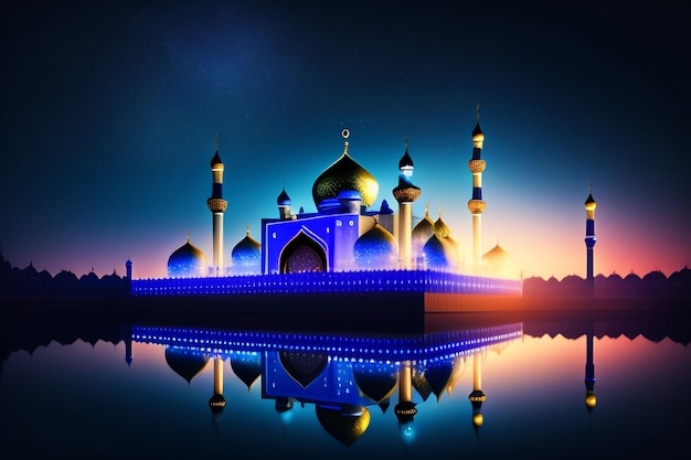 Une mosquée bleue avec un reflet du soleil dans l'eau.