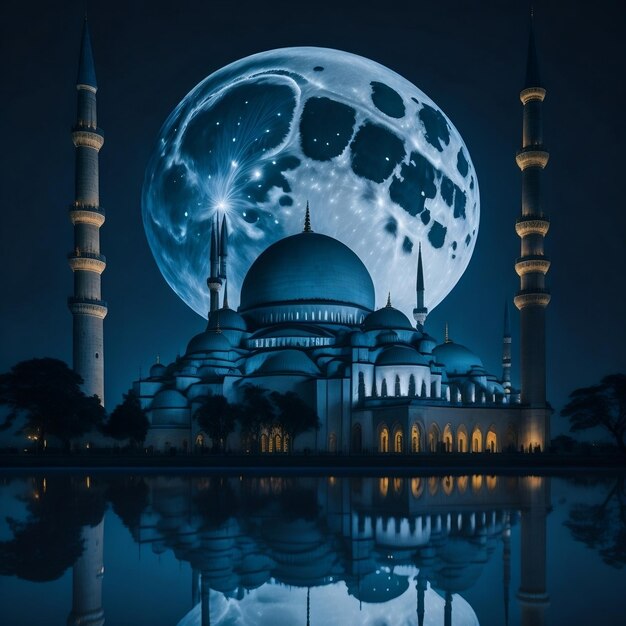 Une mosquée bleue sous la pleine lune