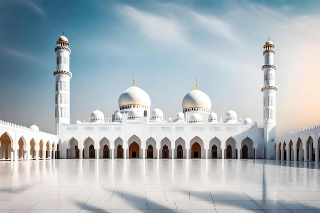 Une mosquée avec un ciel bleu et des nuages