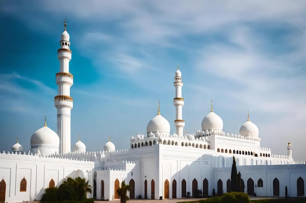 Une mosquée avec un ciel bleu et des nuages