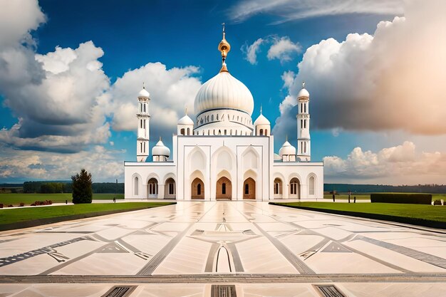 une mosquée avec un ciel bleu et des nuages