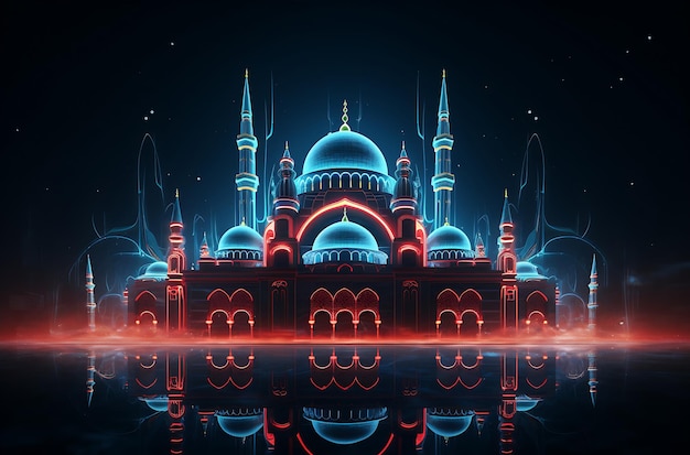 une mosquée colorée la nuit avec des lumières et des néons Generative Ai