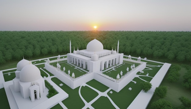 Mosquée contemporaine Une fusion de tranquillité blanche et de sérénité verte au milieu de la nature Canopy Sunset D