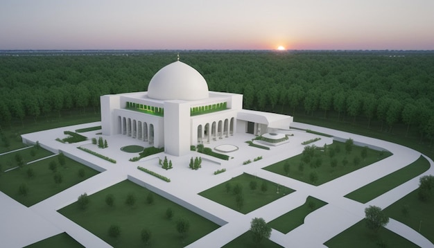 Mosquée contemporaine Une fusion de tranquillité blanche et de sérénité verte au milieu de la nature Canopy Sunset D