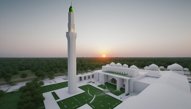 Mosquée contemporaine Une fusion de tranquillité blanche et de sérénité verte au milieu de la nature Canopy Sunset D