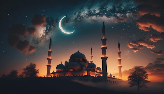 Mosquée coucher de soleil ciel lune sainte nuit nuit islamique silhouette mosquée fond d'écran islamique Generative AI