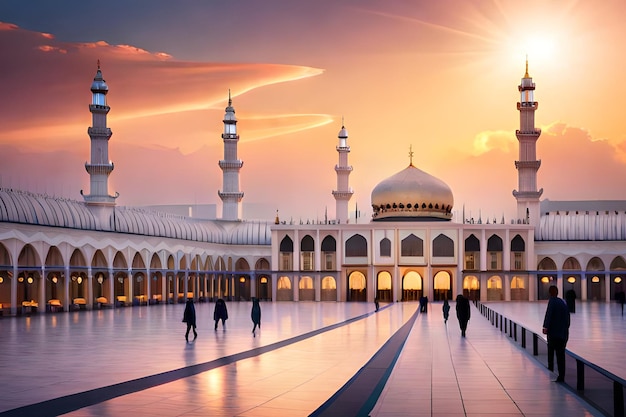 Une mosquée avec un coucher de soleil derrière