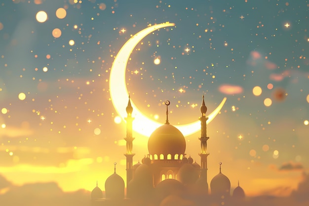 une mosquée avec un croissant de lune en arrière-plan ramadan