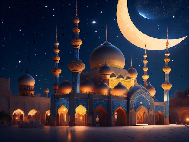 Une mosquée avec un croissant de lune en arrière-plan