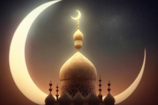 Une mosquée avec un croissant de lune en arrière-plan