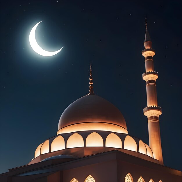 une mosquée avec un croissant de lune et un croisant de lune en arrière-plan