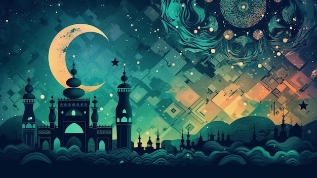 Une mosquée avec un croissant de lune et des étoiles dans le ciel nocturne.