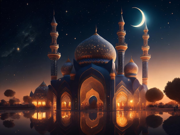 Une mosquée avec un croissant de lune et des étoiles