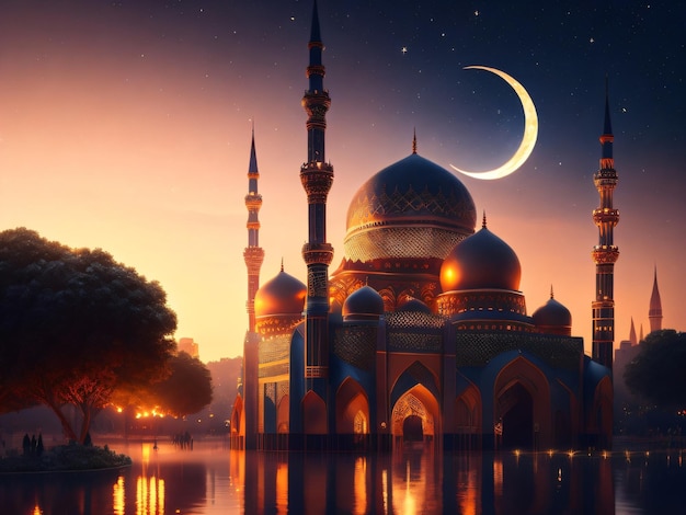 Une mosquée avec un croissant de lune et des étoiles