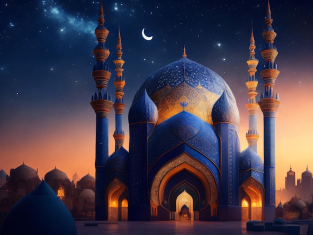 Une mosquée avec un croissant de lune et des étoiles