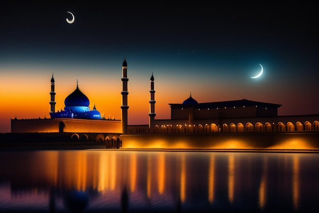 Une mosquée avec un croissant de lune et la lune en arrière-plan