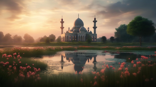 Une mosquée dans un champ de fleurs