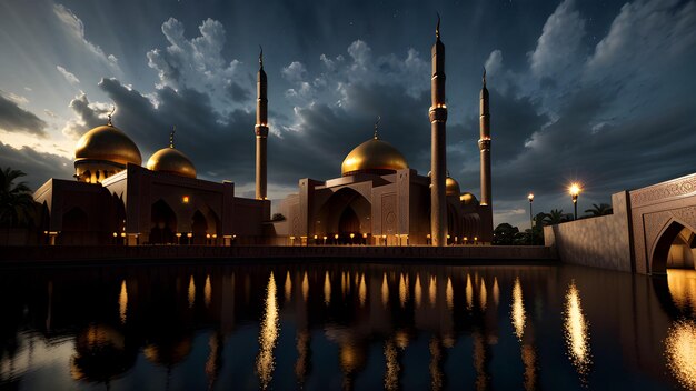 Une mosquée dans un ciel sombre avec des nuages et des lumières