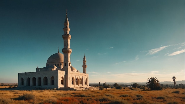 Photo une mosquée dans le désert avec un ciel bleu au coucher du soleil