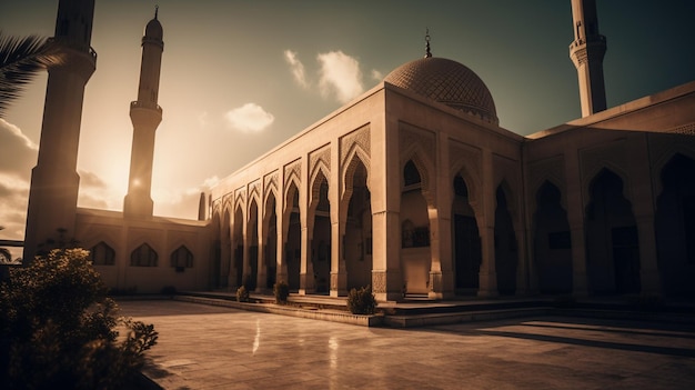 Une mosquée dans le désert avec un coucher de soleil derrière elle