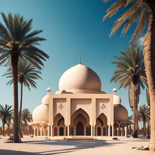 Photo mosquée dans le désert avec palmier