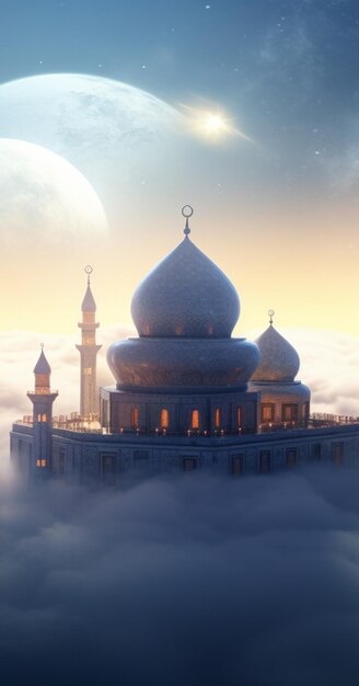 mosquée dans les nuages avec un arrière-plan céleste salutation du Nouvel An islamique