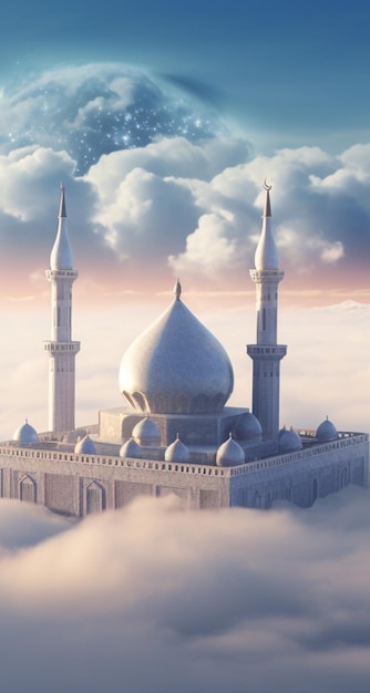 mosquée dans les nuages avec un arrière-plan céleste salutation du Nouvel An islamique