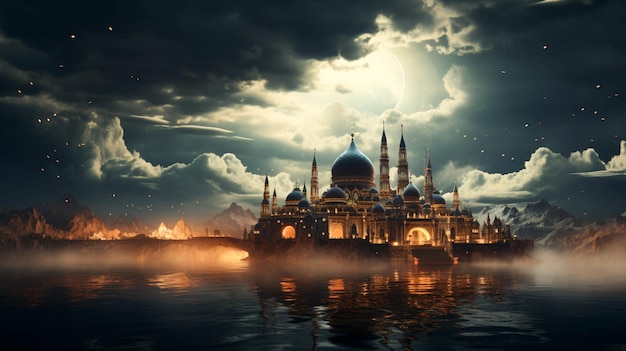 Photo mosquée dans les nuages et fumée fond de ramadan kareem