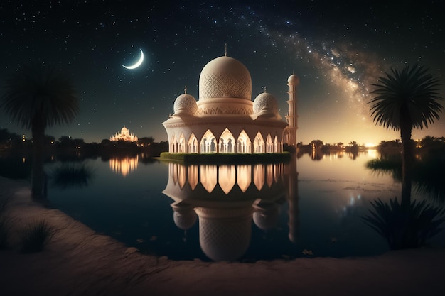 Une mosquée dans la nuit avec la lune en arrière-plan
