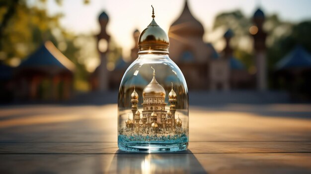 Photo mosquée dans un pot en verre sur le fond du ciel bleu