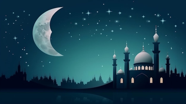 Mosquée devant la nuit ciel nuageux et étoilé Illustration AI Generative