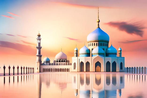 Une mosquée avec un dôme bleu et un ciel nuageux