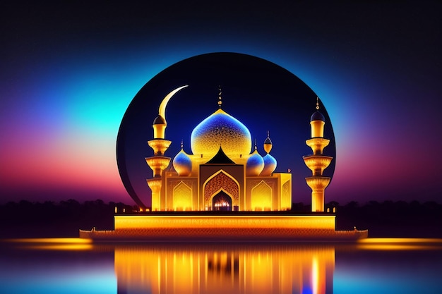 Une mosquée avec un dôme bleu et une lune au sommet.