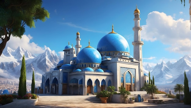 Mosquée avec un dôme bleu et des montagnes en arrière-plan détail élevé paysage réaliste tranquille