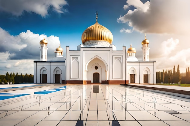 une mosquée avec un dôme doré et un ciel bleu avec des nuages.