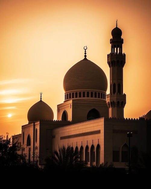 Une mosquée avec un dôme et une lune au sommet